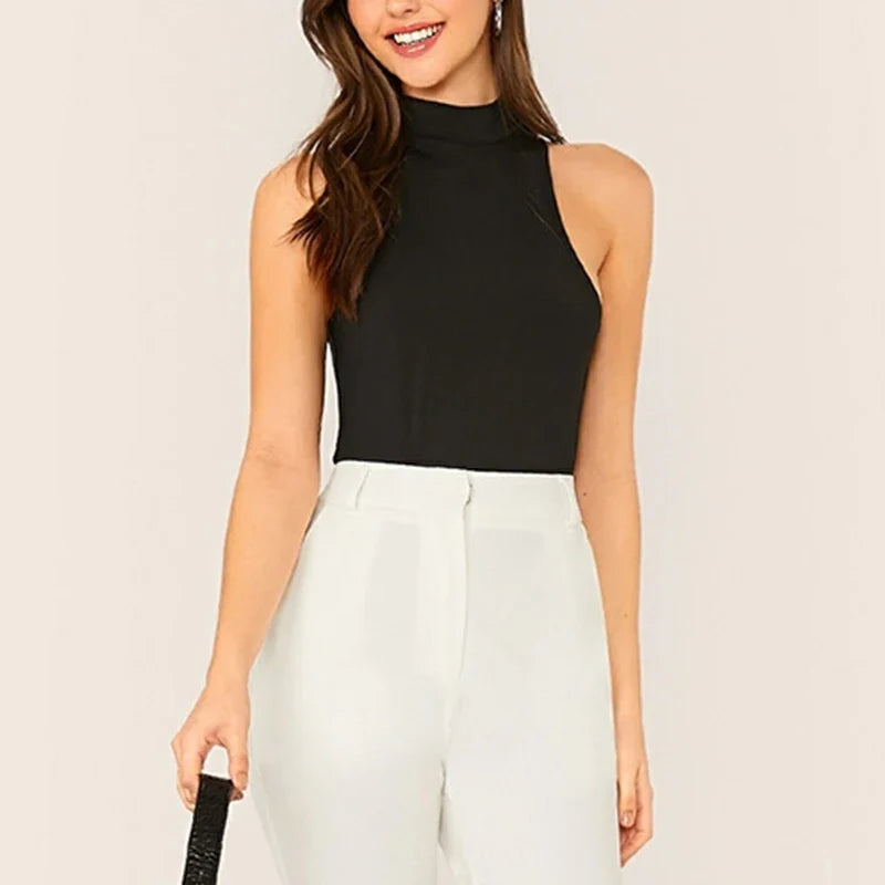 Women's Sexy Slim Fit High Neck Sleeveless Jumpsuit Solid Color Spicy Summer Fashion for Trendy Ladies