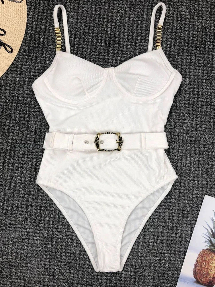 Sexy Push Up Underwire Swimwear Women Solid White Black Padded Buckle One Piece Swimsuit Beach Bathing Suit Bodysuit Monokini