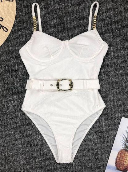 Sexy Push Up Underwire Swimwear Women Solid White Black Padded Buckle One Piece Swimsuit Beach Bathing Suit Bodysuit Monokini