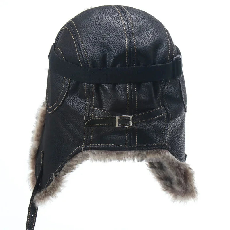Men Winter Bomber Hat With Goggles Outdoor Motorcycle Windproof Warm Faux Fur Pilot Earflap Hat Leather Thermal Ushanka