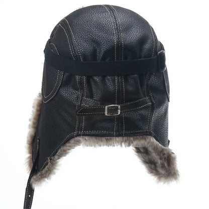 Men Winter Bomber Hat With Goggles Outdoor Motorcycle Windproof Warm Faux Fur Pilot Earflap Hat Leather Thermal Ushanka