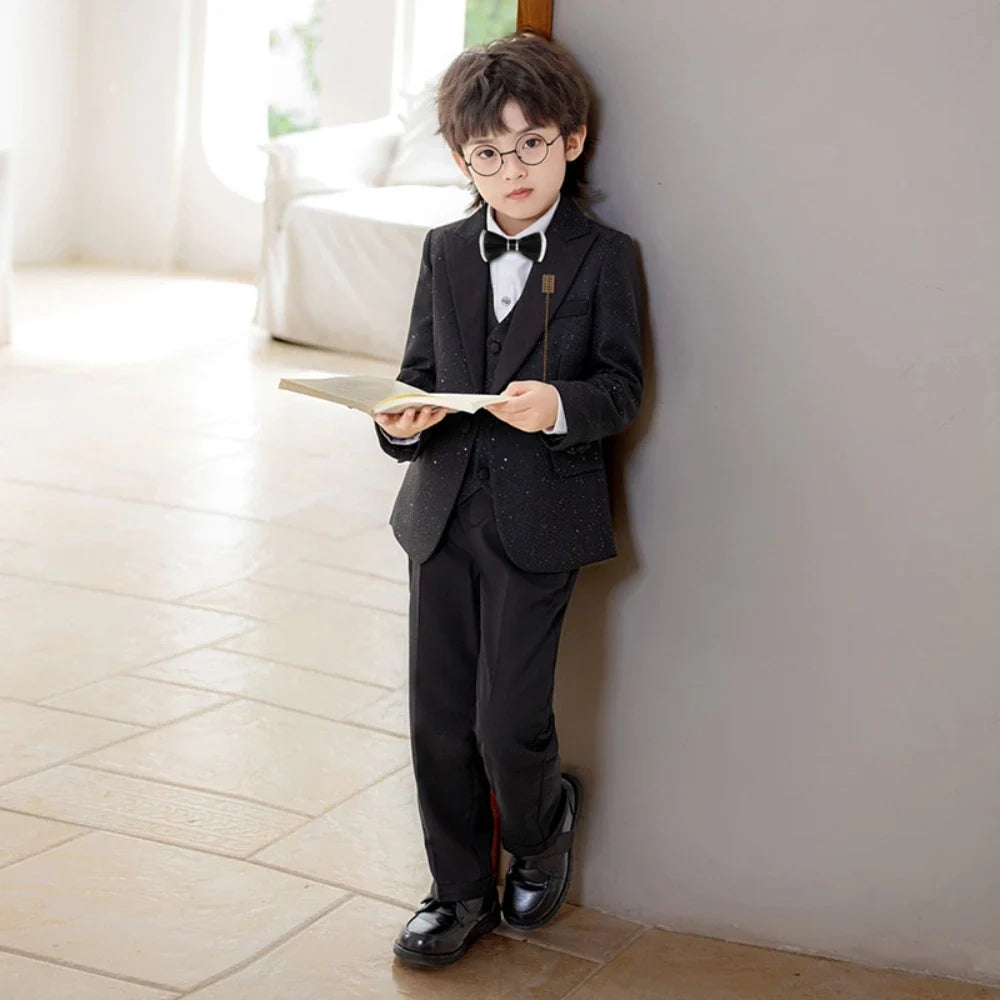 Glitter Exquisite Boys Suits 5 Pieces Stage Perfoemance Wear,Classic Smart Peak Lapel Suit Set Wedding Ring Bear Outfit In Stock