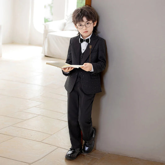 Glitter Exquisite Boys Suits 5 Pieces Stage Perfoemance Wear,Classic Smart Peak Lapel Suit Set Wedding Ring Bear Outfit In Stock