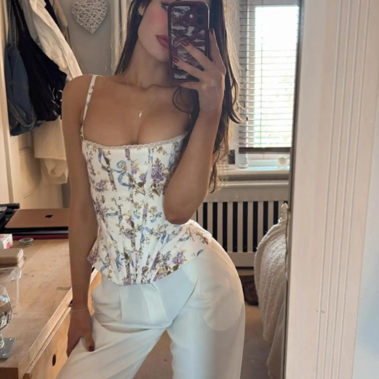 Summer women's clothing y2k tops Floral Print Corset Top cute Spaghetti Strap lace up top for party outfit