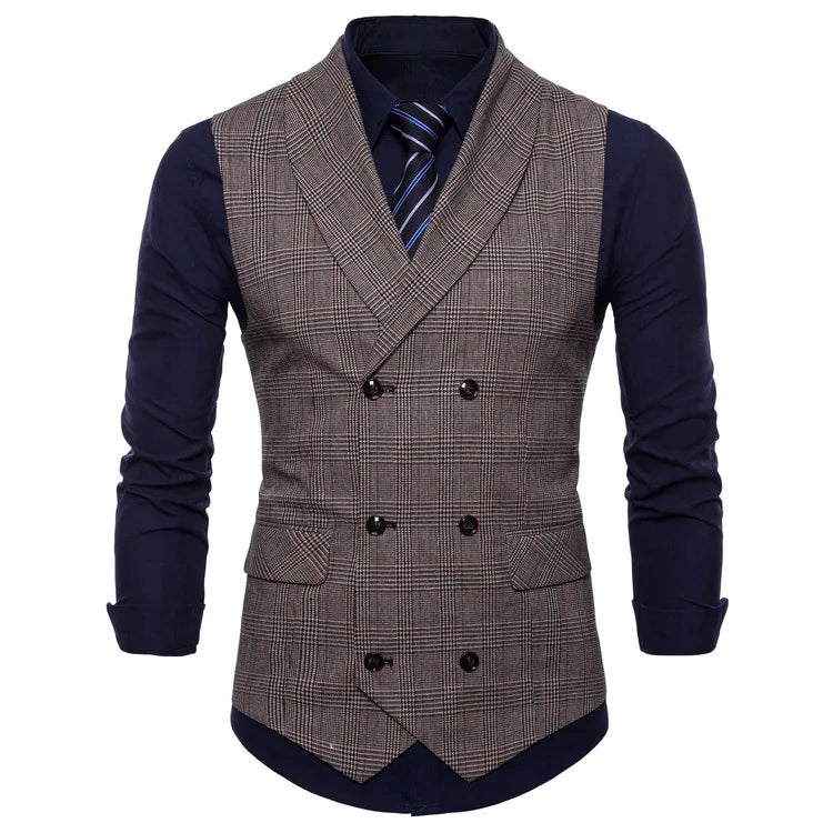 New Men's Checkered Vest, Male Casual Business Suit Vest, Plus Size British-Style  Four Seasons Double Breasted Slim Fit Vest
