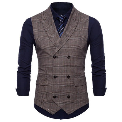 New Men's Checkered Vest, Male Casual Business Suit Vest, Plus Size British-Style  Four Seasons Double Breasted Slim Fit Vest