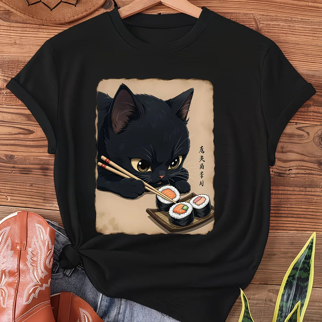 Black Cat & Sushi Kawaii T-Shirt - Cute Anime Sushi Roll & Cat Print, Soft Stretch Round Neck Summer Top, Casual Theme Outfit