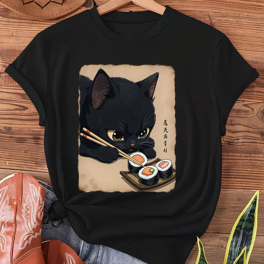 Black Cat & Sushi Kawaii T-Shirt - Cute Anime Sushi Roll & Cat Print, Soft Stretch Round Neck Summer Top, Casual Theme Outfit
