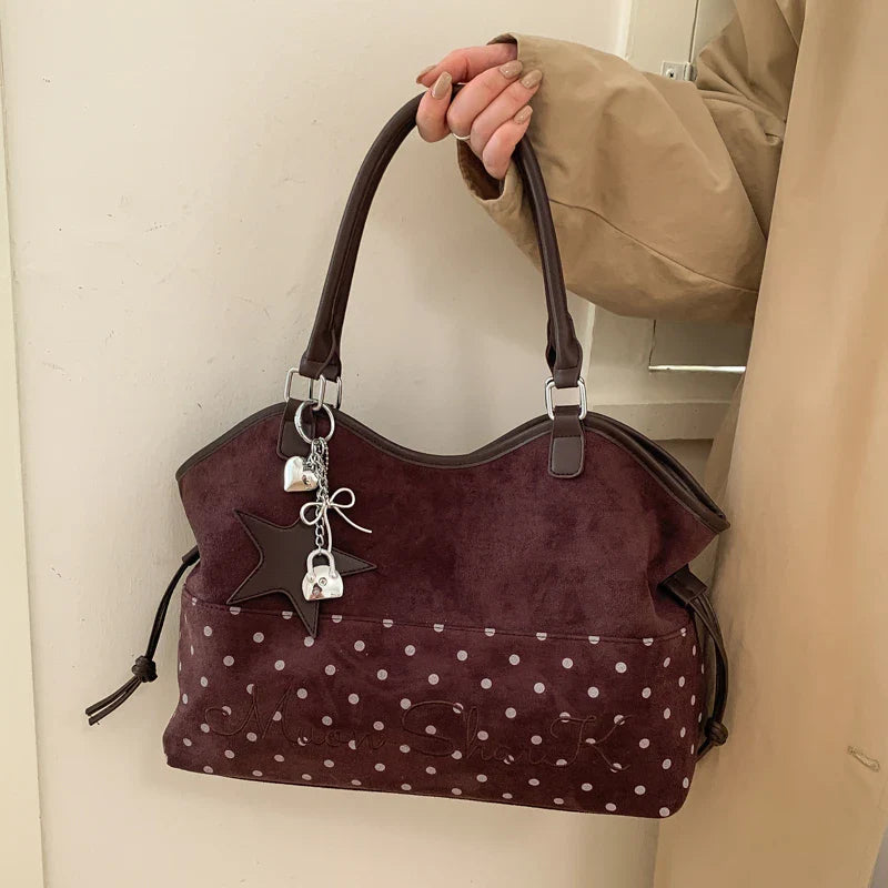 Vintage Frosted Tote Bag Casual Students Purse Large Capacity Shoulder Bag Polka Dot Drawstring Zipper Handbag With Star Pendant