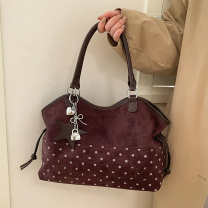 Vintage Frosted Tote Bag Casual Students Purse Large Capacity Shoulder Bag Polka Dot Drawstring Zipper Handbag With Star Pendant