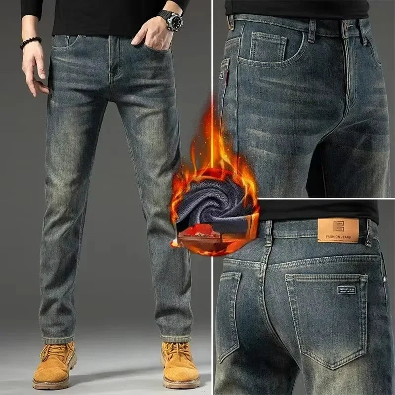 High Quality Winter Jeans New Casual Straight Tube with Fleece Thickening Loose Outside Warm Long Pants Streetwear Men