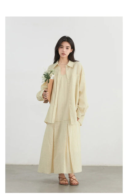 Women Dress Sets Stripe Shirt Loose Casual Long Sleeve Sunscreen Blouses Camisole V-neck Dresses Spring Autumn 2025