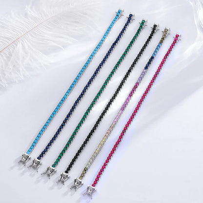 925 Silver Tennis Bracelet, 3mm Pave CZ, Dark Ruby/Rainbow/Blue/Green/Black, Eternity Design, Fine Jewelry for Women