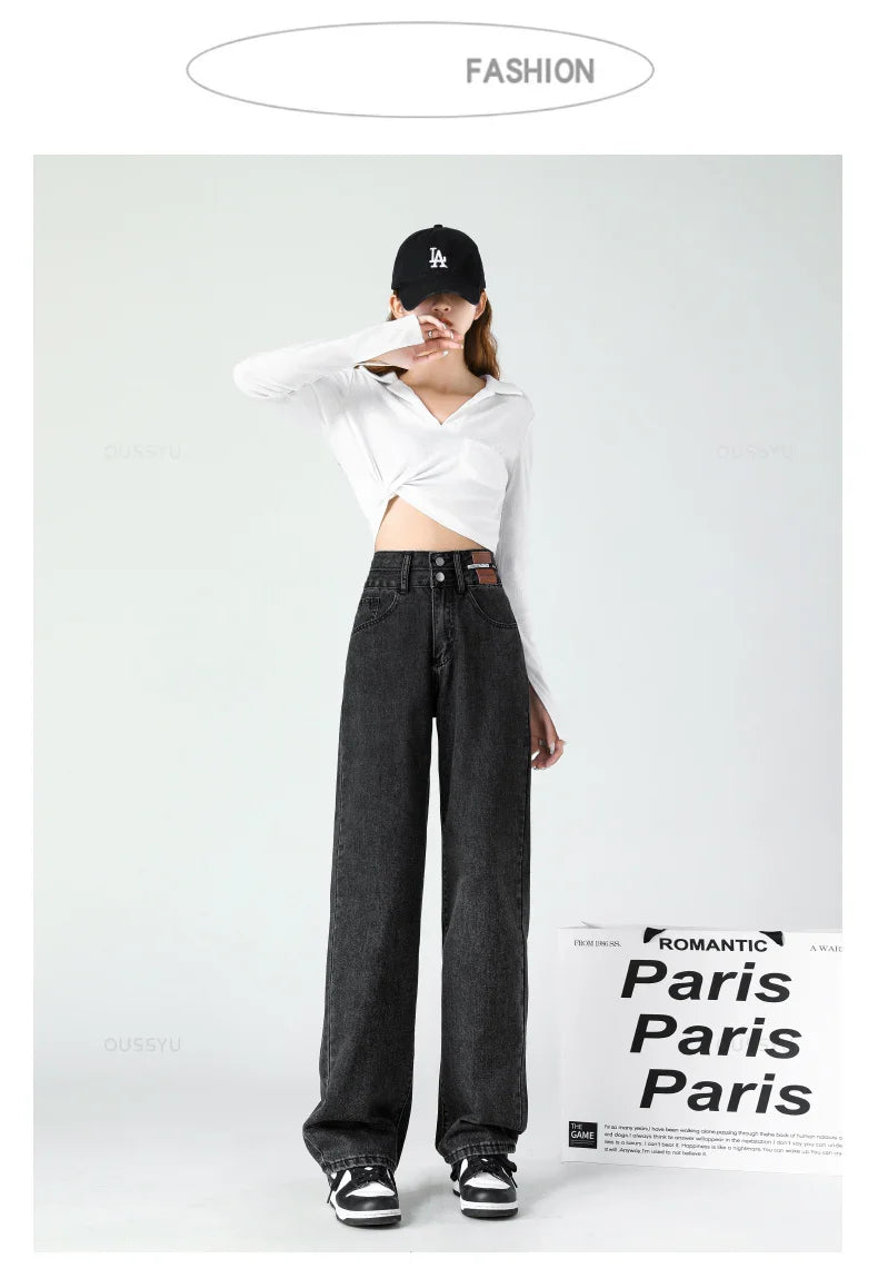 Y2K Woman Jeans High Waist Wide Leg Cotton Denim Clothing Blue White Streetwear Vintage Fashion Harajuku Straight Pants