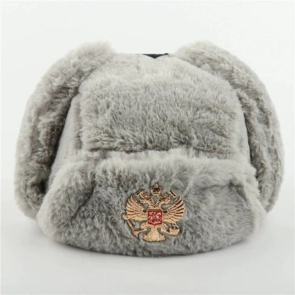 Soviet Army Military Badge Russia Ushanka Bomber Hats Pilot Trapper trooper Hat Winter Faux Rabbit Fur Earflap Men Snow Caps