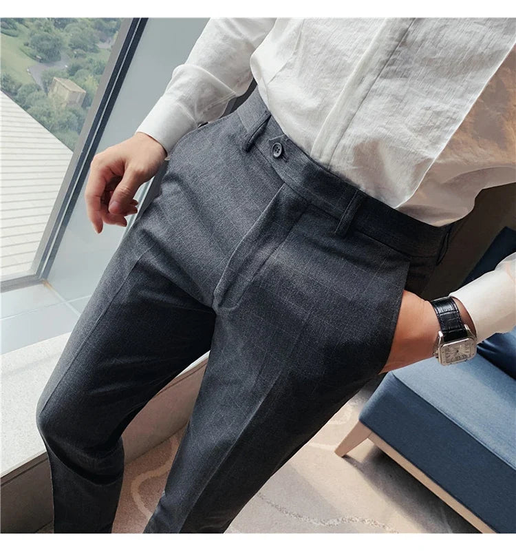 2026 High Quality Men's Plaid Striped Suit Pants Fashion Business Slim Fit Casual Straight Pants Formal Wedding Party Trousers