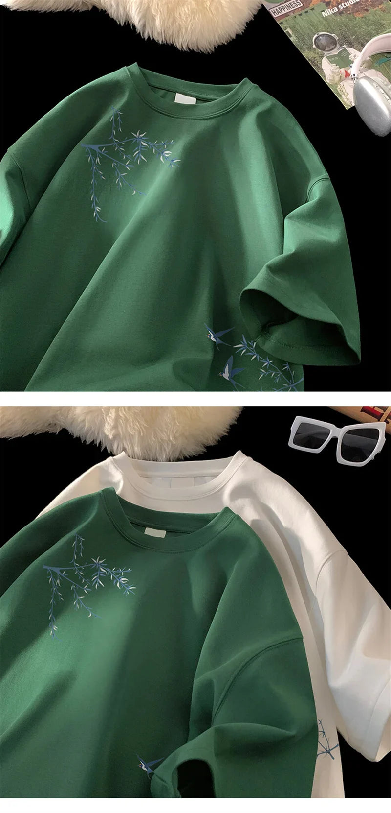 Men's Oversized T-shirts Fashion White 5XL Cotton T Shirt for Men Casual Summer Wear Bird Print Tee Shirts Men Clothing