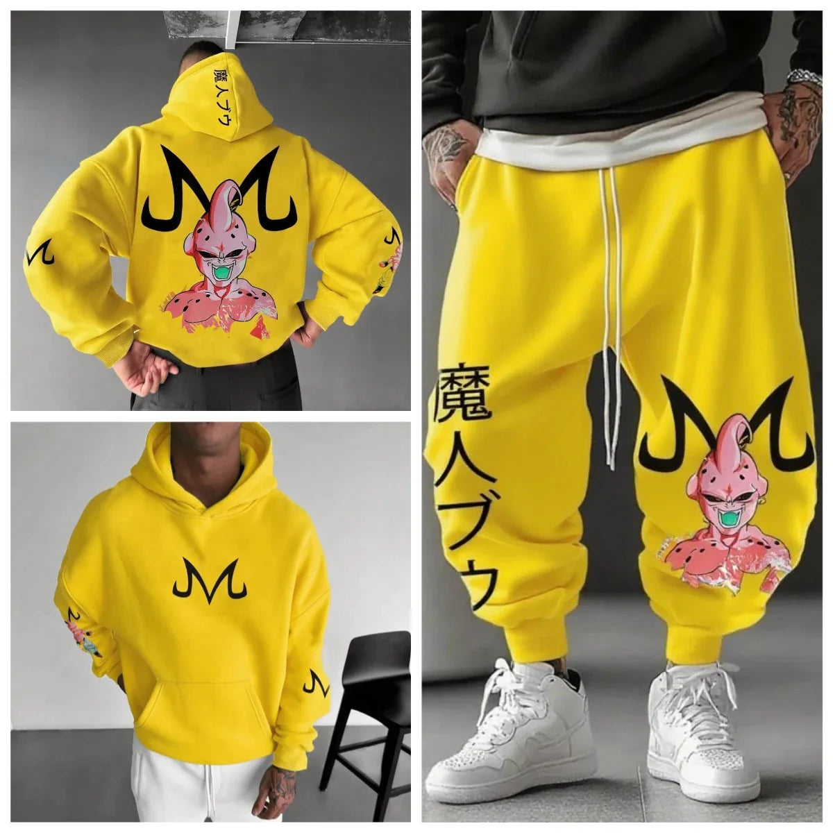 Majin Buu Hoodie Pants Set Anime Cotton Loose Fit Graphic Print Streetwear Casual Sweatshirt Joggers Japanese Cartoon Character