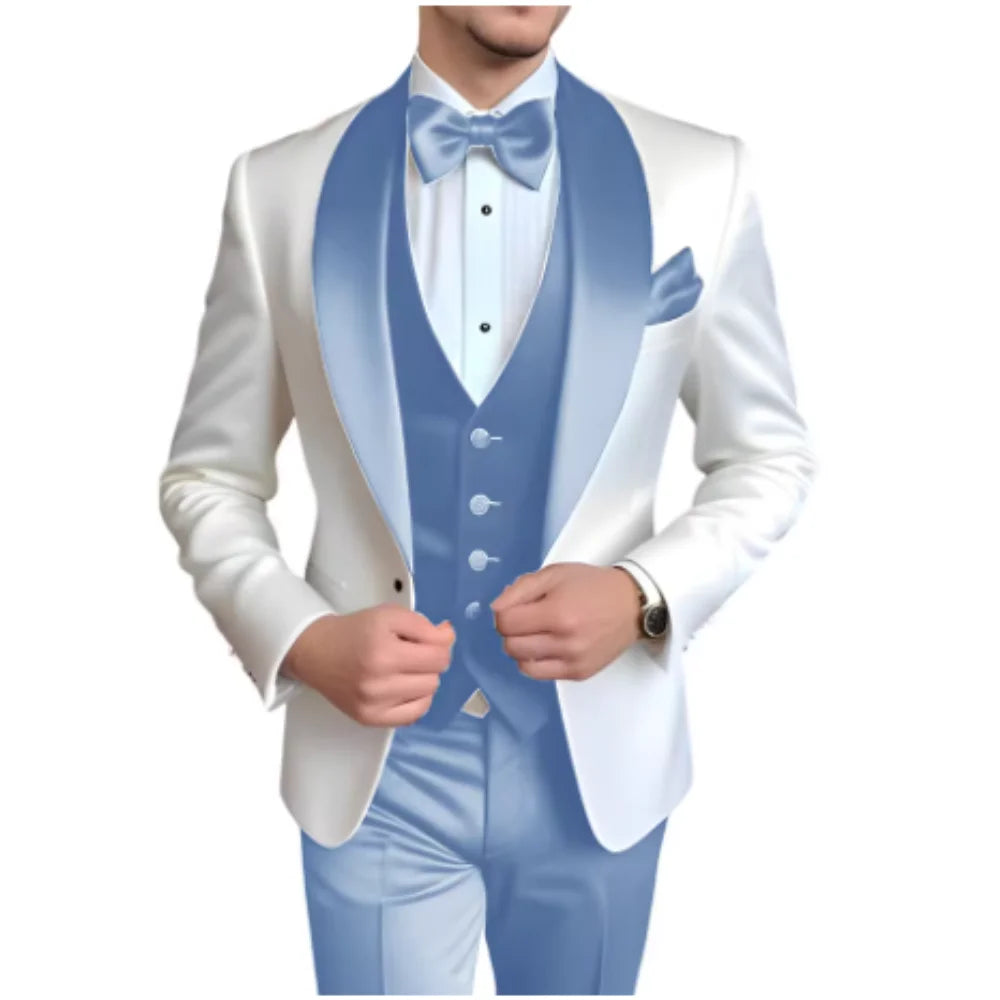 Customized Men's 3 Piece Tuxedo With Scarf Lapel Smoking Suit Wedding Groomsmen Formal Party Blazer Terno Masculino
