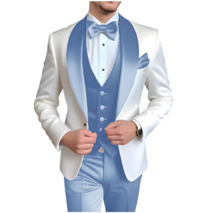 Customized Men's 3 Piece Tuxedo With Scarf Lapel Smoking Suit Wedding Groomsmen Formal Party Blazer Terno Masculino