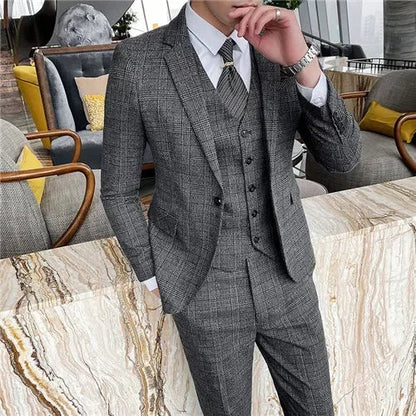 Men's Suit 3 Piece, Business Casual Jacket Vest with Trousers, Gray Dark Brown Slim Fit Suit, Asian Size M-5XL