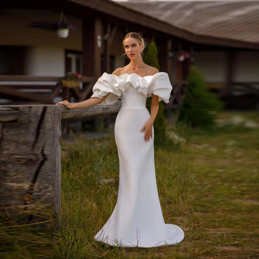Elegant Satin Mermaid Wedding Dress Off Shoulder Ruffles Short Sleeve White Bridal Gown For Woman Modern Robe De Mariage Custom
