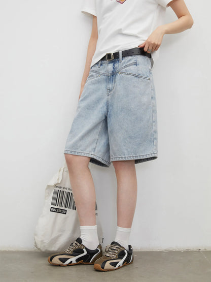Fashion Women Shorts Mid-length Blue New Dividing Line Design Retro Washed Cotton Straight Leg Short Jeans Summer 2026