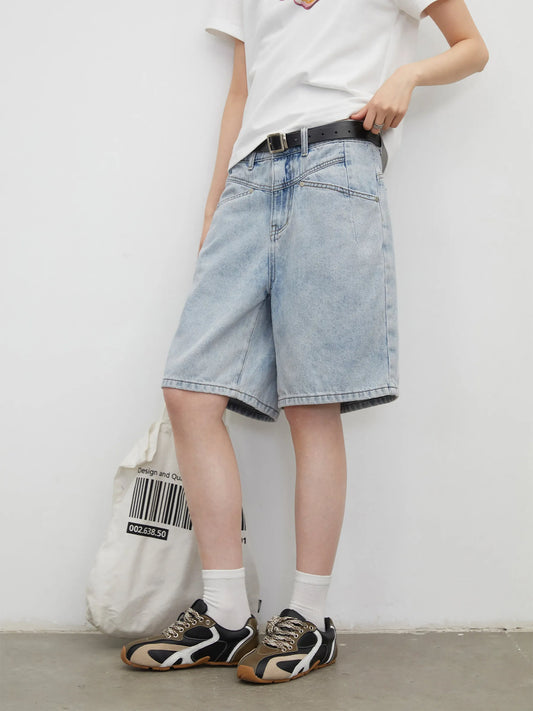 Fashion Women Shorts Mid-length Blue New Dividing Line Design Retro Washed Cotton Straight Leg Short Jeans Summer 2026