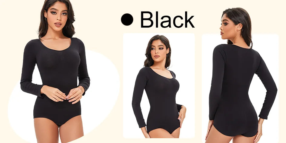 Spandex Elastic Body Suit Shapewear Women Body Shaper Tummy Control Long Sleeve Open Crotch Round Neck Seamless Shapers