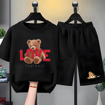 Kids T-shirt+Shorts Two-Piece Set White Clothing Boy Girl 3-12 Yrs Sports Short-Sleeved Summer Casual  Little Bear Printing Set