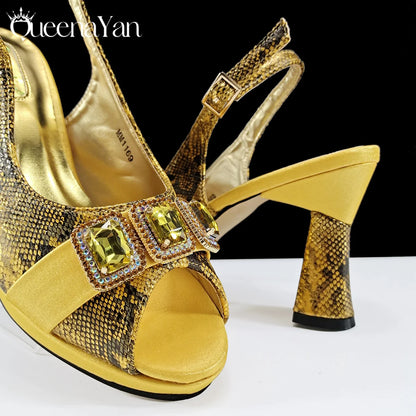 New Luxurious Italian Women's Party Shoes&Bag Set Elegant Golden Rhinestone  Sandals with Peep Toe High Heels Wedding