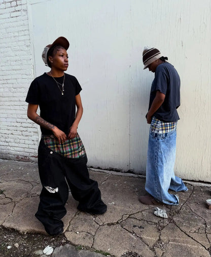 Y2k Slanted Runway Baggy Jeans Retro Plaid Patchwork Men Women Wide Leg Pants American Hip Hop Streetwear Unisex Casual Jeans