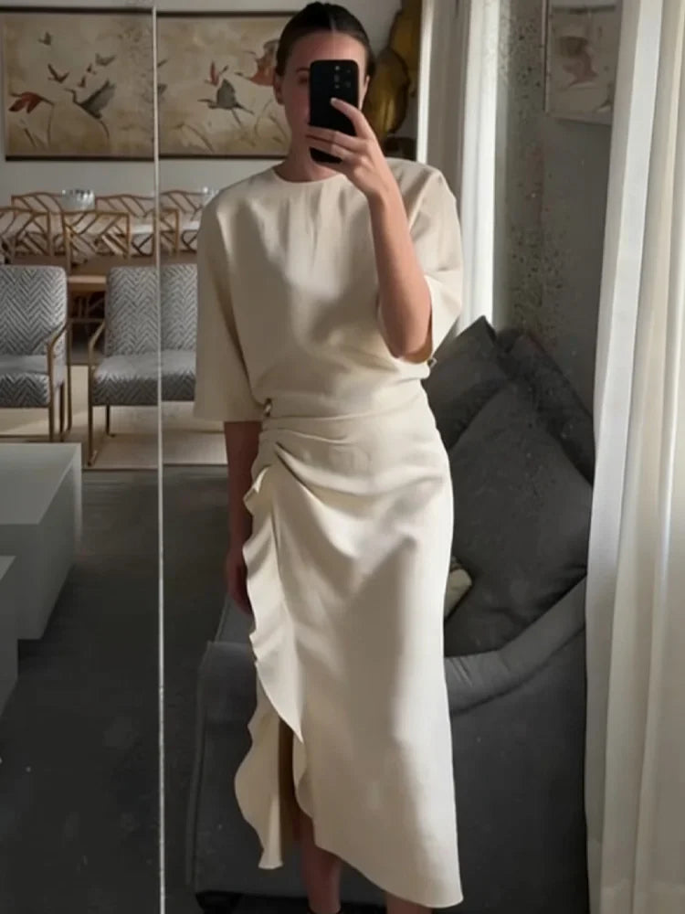 Women New Fashion Round Neck Pleated Short Sleeve Waist Dress Women Casual Sexy Side Zipper Button Solid Midi Summer Dress