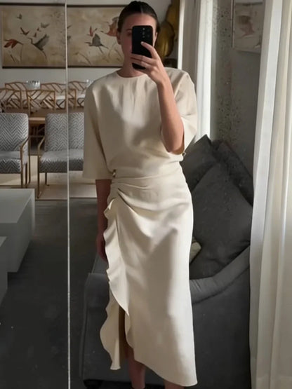 Women New Fashion Round Neck Pleated Short Sleeve Waist Dress Women Casual Sexy Side Zipper Button Solid Midi Summer Dress