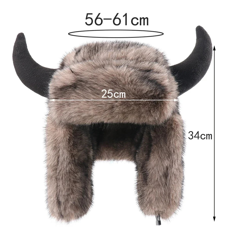 Imitation Fur Warm Horned Lei Feng Hats for Men Winter Russian Ushanka Hat Outdoor Thicked Windproof Ear Protection Caps