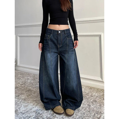 Blue Women's Retro Y2K 2000s Wide Leg Baggy Casual Denim Trouser High Waist Loose Jeans 2024 Autumn Harajuku Full Length Pants