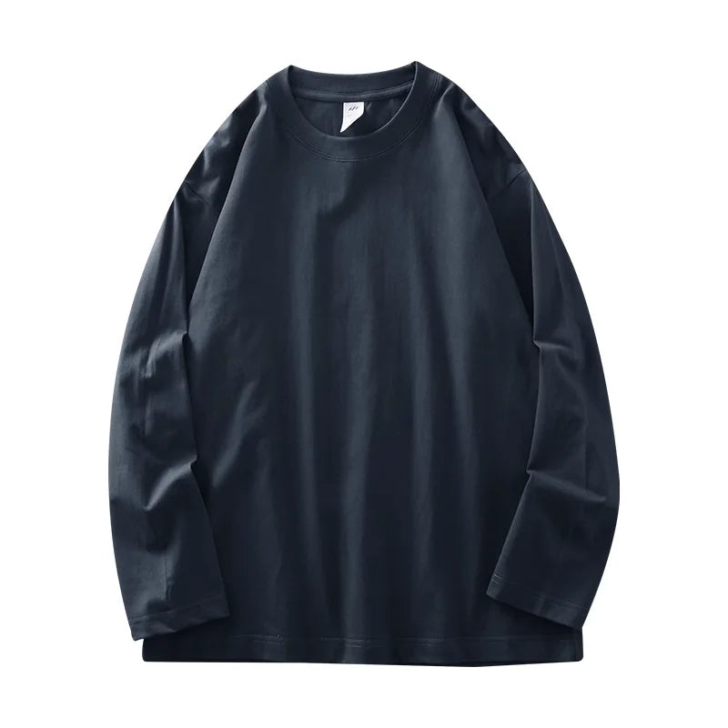 Men's 260G Long Sleeve T Shirts 2025 Spring Pure Cotton Solid Color Basic Crew-Neck Undershirt Men's Loose Tops 11 Color