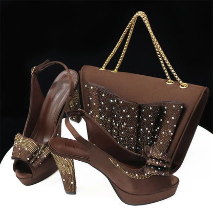 Women High Heels Sandals Printing Flower Material with Rhinestone Italian Design Coffee Color Open-Toed Shoes