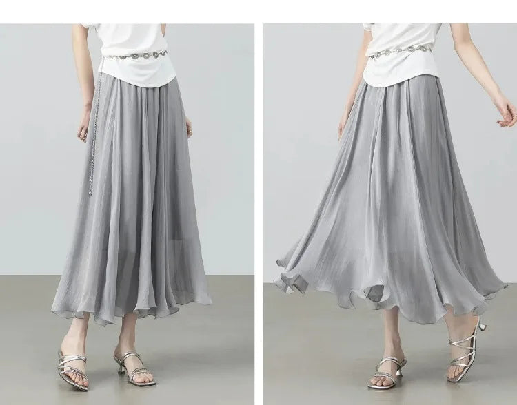 Women's Gray Elegant Skirt 2026 Summer Elastic Waist Sheen Flowy A Line Long Skirt for Woman Ladies Clothes 162QG4909