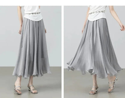 Women's Gray Elegant Skirt 2026 Summer Elastic Waist Sheen Flowy A Line Long Skirt for Woman Ladies Clothes 162QG4909