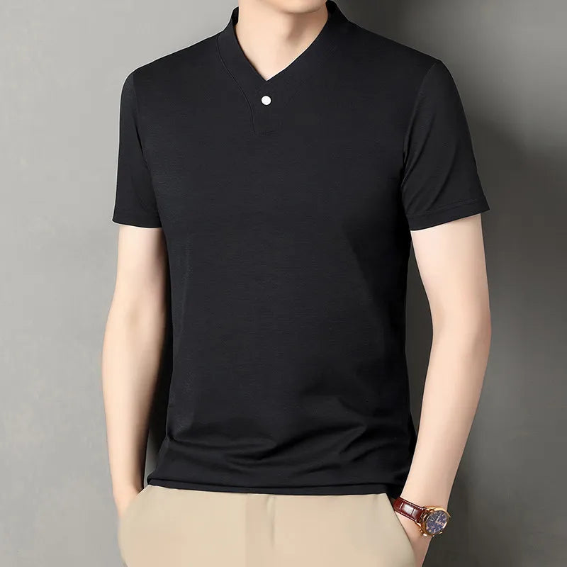2026 Korean Style Men's Casual and Fashionable One Button V-neck Solid Color Short Sleeved T-shirt Summer Versatile Top