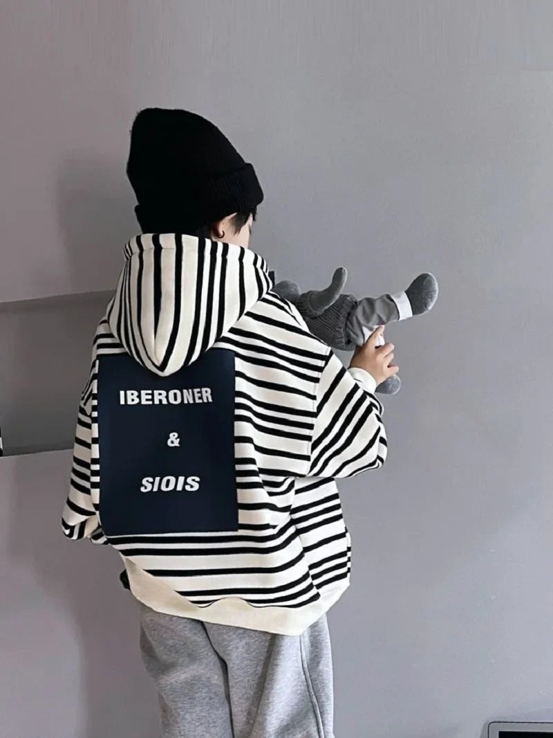 Spring Autumn School Kids 2PCS Tracksuit Boys Loose Striped Sweatshirt+Gray Sweatpant Workout Sets Child Jogger Outfits 9-16 Yr