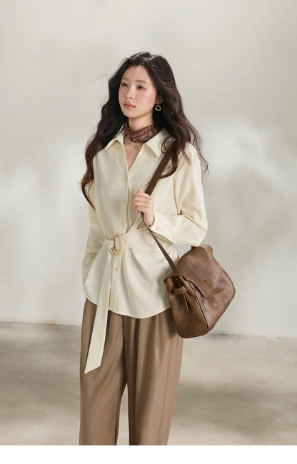 Women's Lapel Collar Long Sleeve Shirt 2026 Spring with Belted Waist Casual Loose Soft Beige Shirt Office Lady MXF13C2452