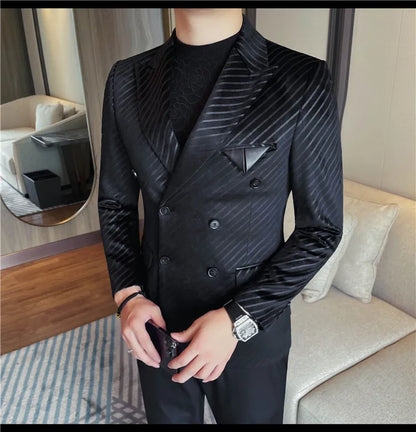 British Style Luxury Men Double Breasted Twill Suit Jacket High Quality Fashion Business Slim Fit Groom Social Party Suit Dress