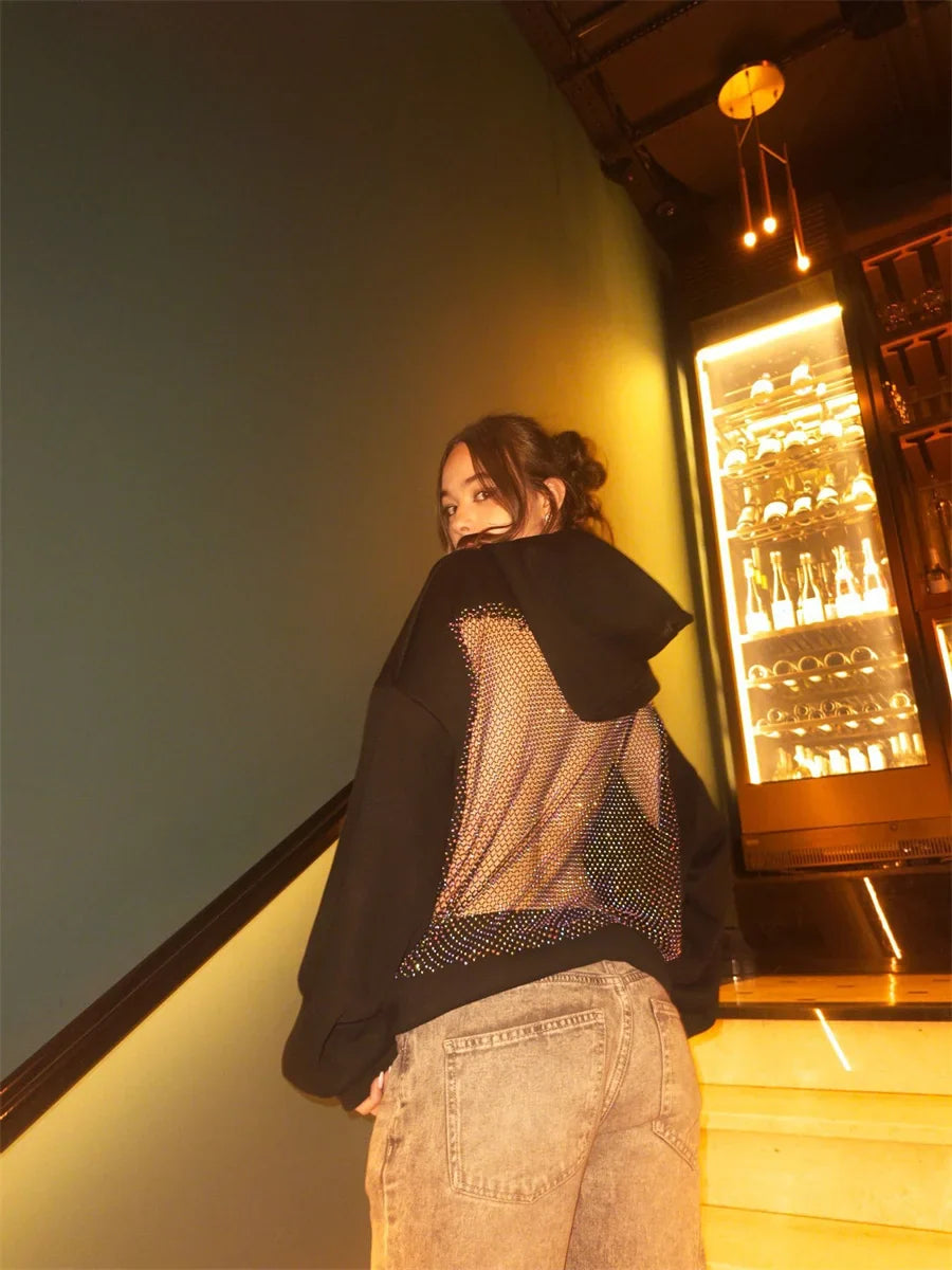 Women's Fashion Translucent Pullover Sweatshirt American Gothic Sexy Hollow Mesh Hoodie Y2K Clothes Casual Long Sleeves Jacket