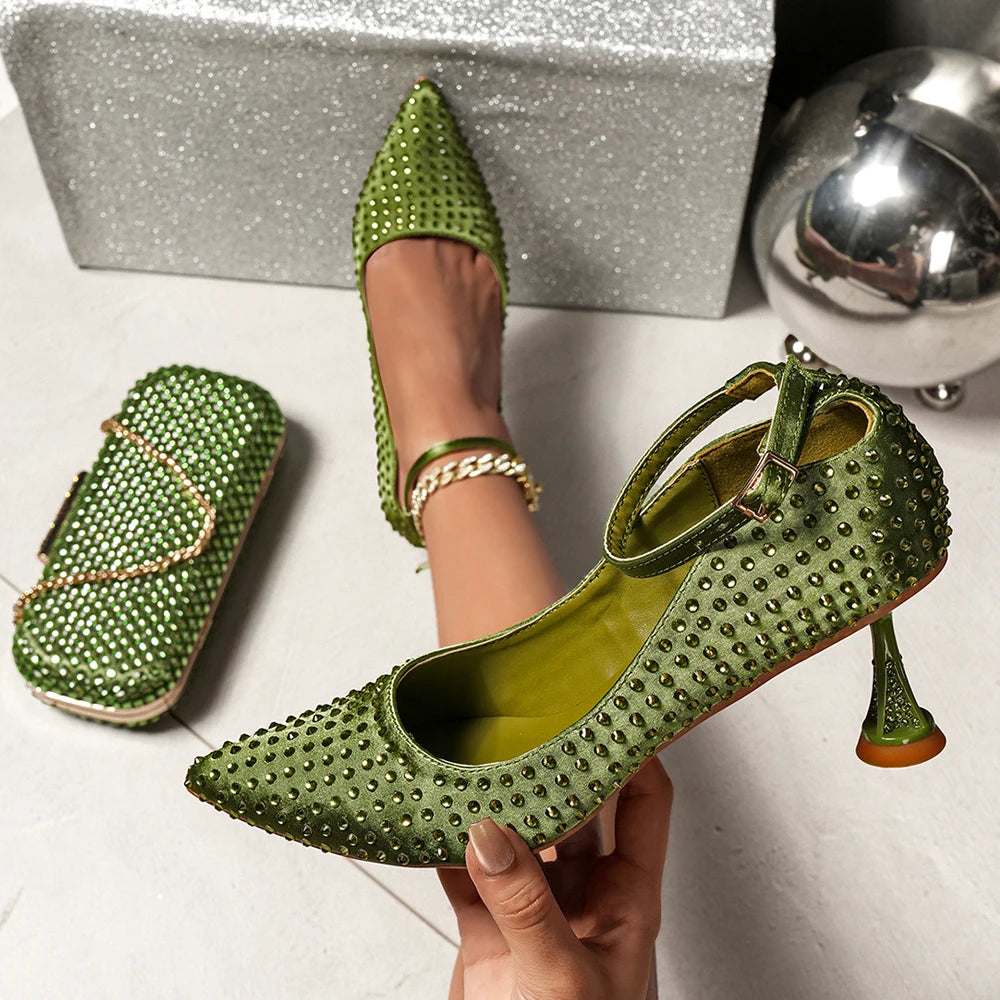 Elegant Italian Design Green Heels and Rhinestone Handbag Set for Nigerian Women - Perfect for Weddings and Parties
