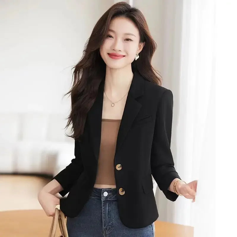 Caramel Short Suit Jacket Women's Casual High-Waisted 2025 New Spring Autumn Short Style Upper Body Fashion Polyester Fiber