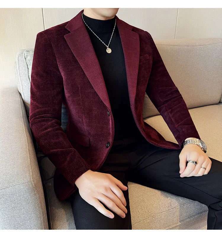 Autumn Winter Fashion Seaweed Pattern Suit Jacket High Quality Luxury Slim Fit Casual Men's Blazers Coats Social Prom Tuxedo