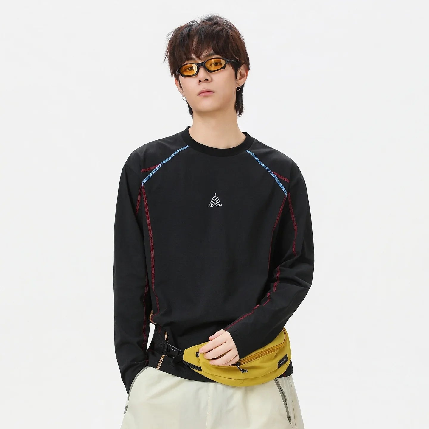 Men's Cool-Touch Contrast Stitch Long Sleeve T-Shirt – Loose Fit Moisture-Wicking Athletic Top for Autumn & Summer Sports