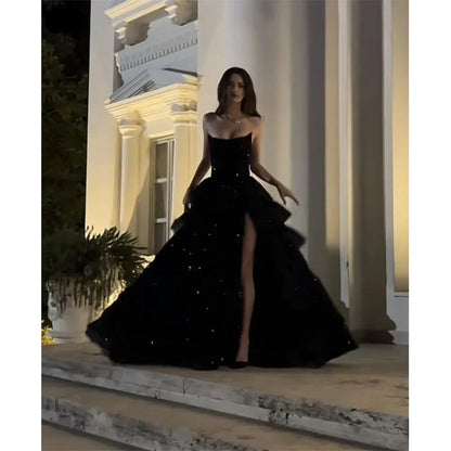 Black Tulle Prom Dresses Side Split A-line Strapless Wedding Dress Elegant Customized Sleeveless Vestidos De Fiesta 2026